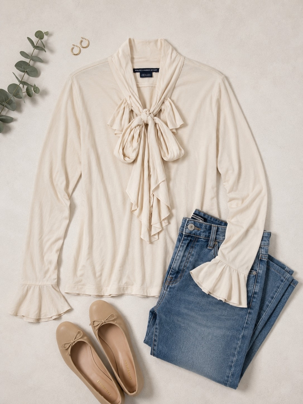 Ralph Lauren Sport Cream Tie-Neck Ruffle Blouse